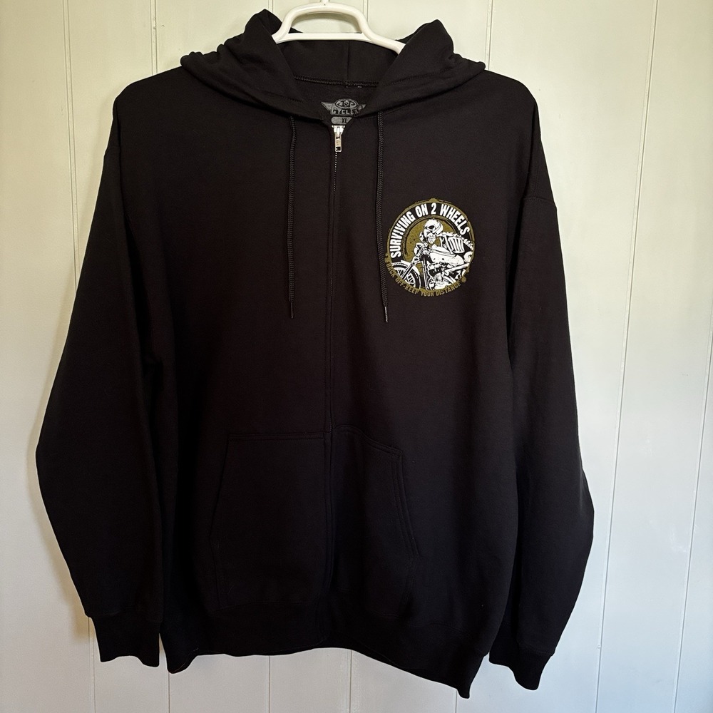 J&P Cycles Surviving 2 Wheels Hoodie Men's XL Black Full Zip Motorcycle Skull